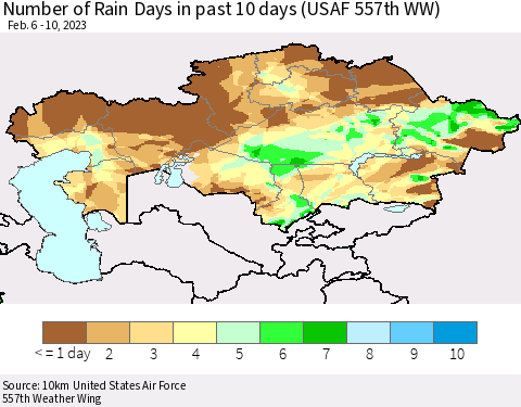 Kazakhstan Number of Rain Days in past 10 days (USAF 557th WW) Thematic Map For 2/6/2023 - 2/10/2023