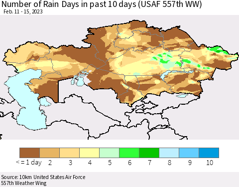 Kazakhstan Number of Rain Days in past 10 days (USAF 557th WW) Thematic Map For 2/11/2023 - 2/15/2023