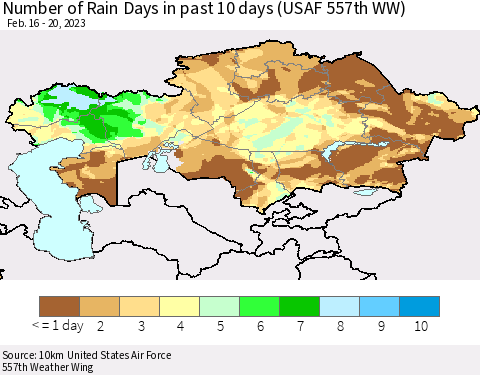 Kazakhstan Number of Rain Days in past 10 days (USAF 557th WW) Thematic Map For 2/16/2023 - 2/20/2023