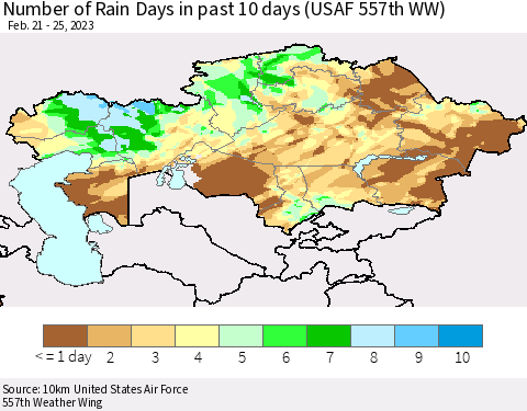 Kazakhstan Number of Rain Days in past 10 days (USAF 557th WW) Thematic Map For 2/21/2023 - 2/25/2023