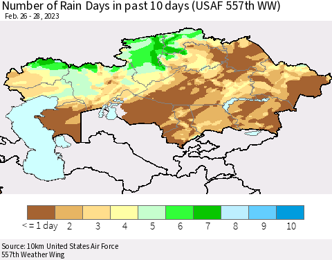 Kazakhstan Number of Rain Days in past 10 days (USAF 557th WW) Thematic Map For 2/26/2023 - 2/28/2023