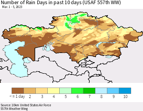 Kazakhstan Number of Rain Days in past 10 days (USAF 557th WW) Thematic Map For 3/1/2023 - 3/5/2023