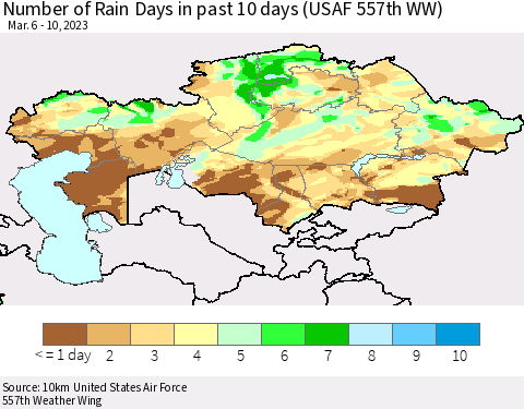 Kazakhstan Number of Rain Days in past 10 days (USAF 557th WW) Thematic Map For 3/6/2023 - 3/10/2023