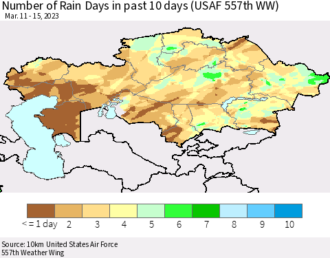 Kazakhstan Number of Rain Days in past 10 days (USAF 557th WW) Thematic Map For 3/11/2023 - 3/15/2023