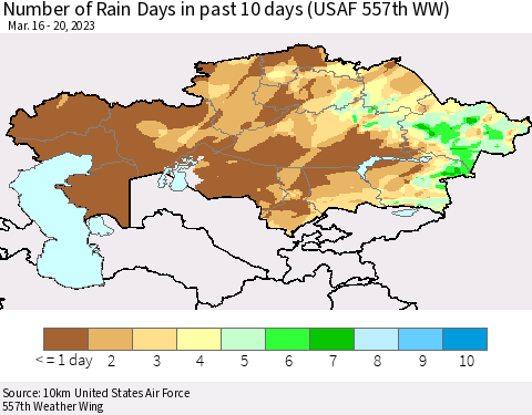 Kazakhstan Number of Rain Days in past 10 days (USAF 557th WW) Thematic Map For 3/16/2023 - 3/20/2023