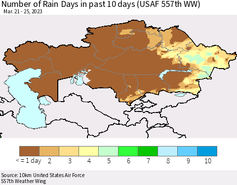 Kazakhstan Number of Rain Days in past 10 days (USAF 557th WW) Thematic Map For 3/21/2023 - 3/25/2023