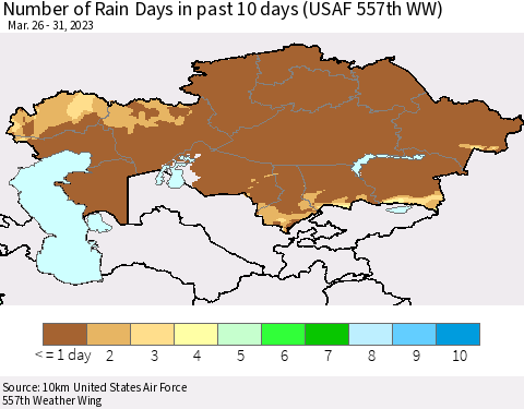 Kazakhstan Number of Rain Days in past 10 days (USAF 557th WW) Thematic Map For 3/26/2023 - 3/31/2023