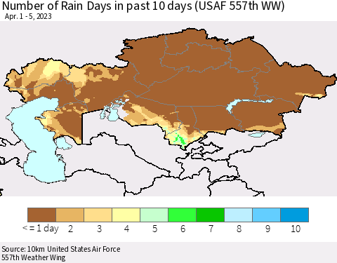 Kazakhstan Number of Rain Days in past 10 days (USAF 557th WW) Thematic Map For 4/1/2023 - 4/5/2023