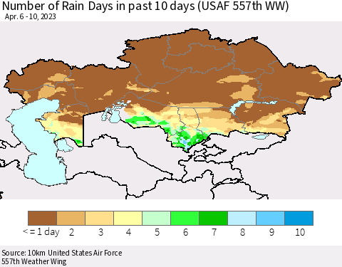 Kazakhstan Number of Rain Days in past 10 days (USAF 557th WW) Thematic Map For 4/6/2023 - 4/10/2023