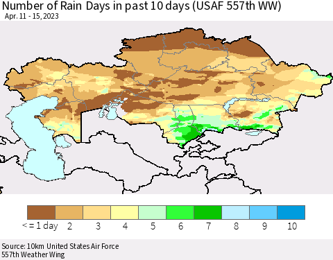 Kazakhstan Number of Rain Days in past 10 days (USAF 557th WW) Thematic Map For 4/11/2023 - 4/15/2023