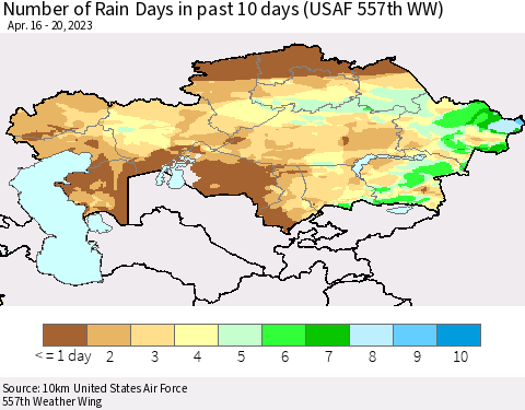 Kazakhstan Number of Rain Days in past 10 days (USAF 557th WW) Thematic Map For 4/16/2023 - 4/20/2023