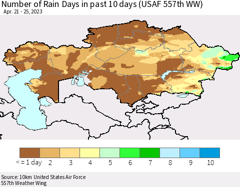 Kazakhstan Number of Rain Days in past 10 days (USAF 557th WW) Thematic Map For 4/21/2023 - 4/25/2023