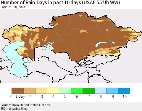 Kazakhstan Number of Rain Days in past 10 days (USAF 557th WW) Thematic Map For 4/26/2023 - 4/30/2023