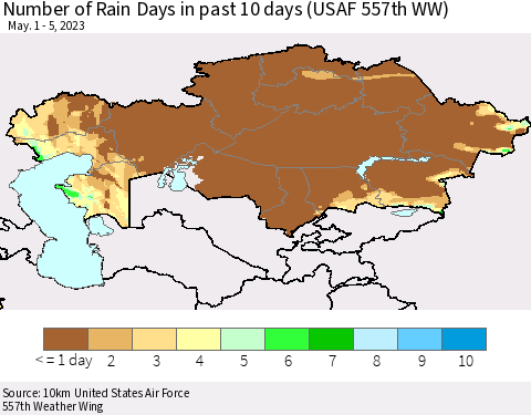 Kazakhstan Number of Rain Days in past 10 days (USAF 557th WW) Thematic Map For 5/1/2023 - 5/5/2023