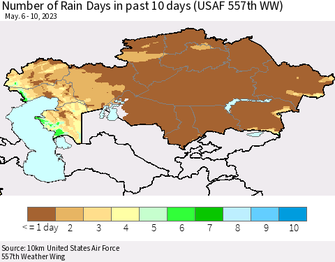 Kazakhstan Number of Rain Days in past 10 days (USAF 557th WW) Thematic Map For 5/6/2023 - 5/10/2023