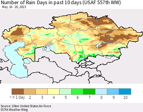 Kazakhstan Number of Rain Days in past 10 days (USAF 557th WW) Thematic Map For 5/16/2023 - 5/20/2023