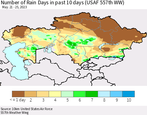 Kazakhstan Number of Rain Days in past 10 days (USAF 557th WW) Thematic Map For 5/21/2023 - 5/25/2023