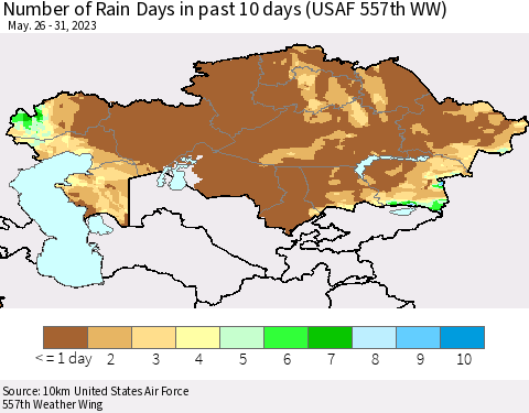 Kazakhstan Number of Rain Days in past 10 days (USAF 557th WW) Thematic Map For 5/26/2023 - 5/31/2023