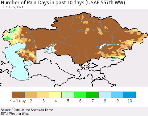 Kazakhstan Number of Rain Days in past 10 days (USAF 557th WW) Thematic Map For 6/1/2023 - 6/5/2023