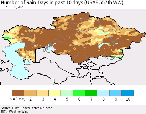 Kazakhstan Number of Rain Days in past 10 days (USAF 557th WW) Thematic Map For 6/6/2023 - 6/10/2023