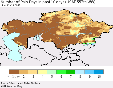 Kazakhstan Number of Rain Days in past 10 days (USAF 557th WW) Thematic Map For 6/11/2023 - 6/15/2023