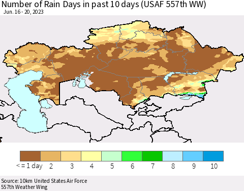 Kazakhstan Number of Rain Days in past 10 days (USAF 557th WW) Thematic Map For 6/16/2023 - 6/20/2023