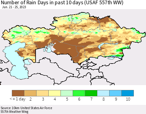 Kazakhstan Number of Rain Days in past 10 days (USAF 557th WW) Thematic Map For 6/21/2023 - 6/25/2023