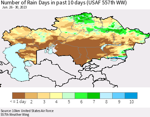 Kazakhstan Number of Rain Days in past 10 days (USAF 557th WW) Thematic Map For 6/26/2023 - 6/30/2023
