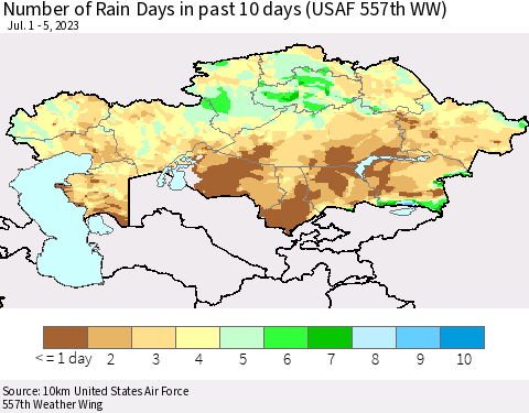 Kazakhstan Number of Rain Days in past 10 days (USAF 557th WW) Thematic Map For 7/1/2023 - 7/5/2023