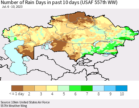 Kazakhstan Number of Rain Days in past 10 days (USAF 557th WW) Thematic Map For 7/6/2023 - 7/10/2023