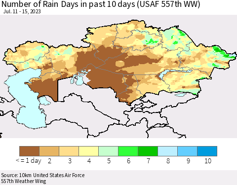 Kazakhstan Number of Rain Days in past 10 days (USAF 557th WW) Thematic Map For 7/11/2023 - 7/15/2023