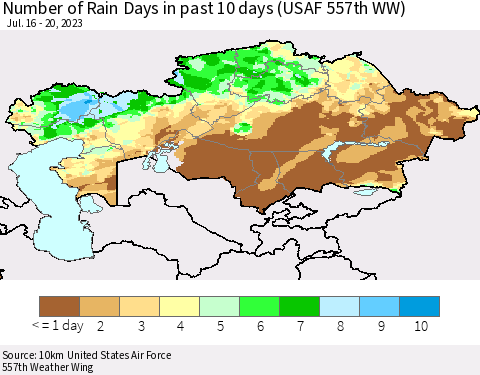 Kazakhstan Number of Rain Days in past 10 days (USAF 557th WW) Thematic Map For 7/16/2023 - 7/20/2023
