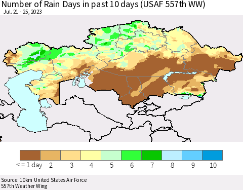 Kazakhstan Number of Rain Days in past 10 days (USAF 557th WW) Thematic Map For 7/21/2023 - 7/25/2023