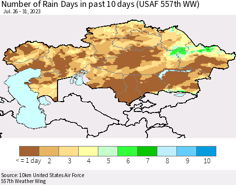 Kazakhstan Number of Rain Days in past 10 days (USAF 557th WW) Thematic Map For 7/26/2023 - 7/31/2023