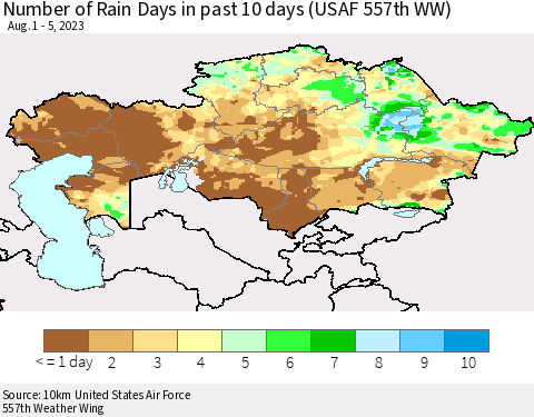 Kazakhstan Number of Rain Days in past 10 days (USAF 557th WW) Thematic Map For 8/1/2023 - 8/5/2023
