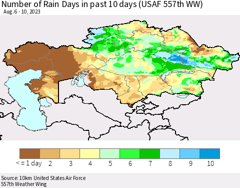 Kazakhstan Number of Rain Days in past 10 days (USAF 557th WW) Thematic Map For 8/6/2023 - 8/10/2023