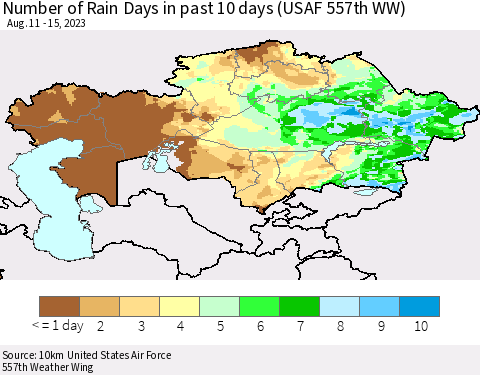 Kazakhstan Number of Rain Days in past 10 days (USAF 557th WW) Thematic Map For 8/11/2023 - 8/15/2023