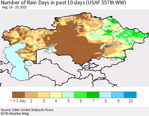 Kazakhstan Number of Rain Days in past 10 days (USAF 557th WW) Thematic Map For 8/16/2023 - 8/20/2023