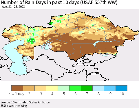 Kazakhstan Number of Rain Days in past 10 days (USAF 557th WW) Thematic Map For 8/21/2023 - 8/25/2023