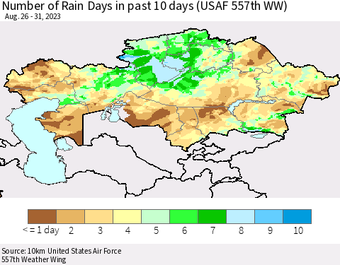 Kazakhstan Number of Rain Days in past 10 days (USAF 557th WW) Thematic Map For 8/26/2023 - 8/31/2023