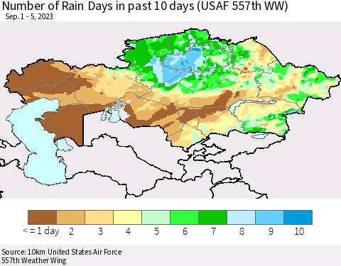 Kazakhstan Number of Rain Days in past 10 days (USAF 557th WW) Thematic Map For 9/1/2023 - 9/5/2023