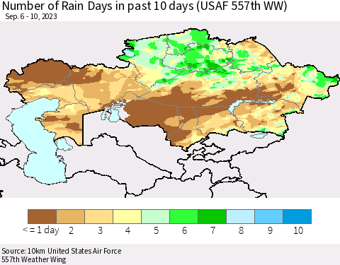 Kazakhstan Number of Rain Days in past 10 days (USAF 557th WW) Thematic Map For 9/6/2023 - 9/10/2023