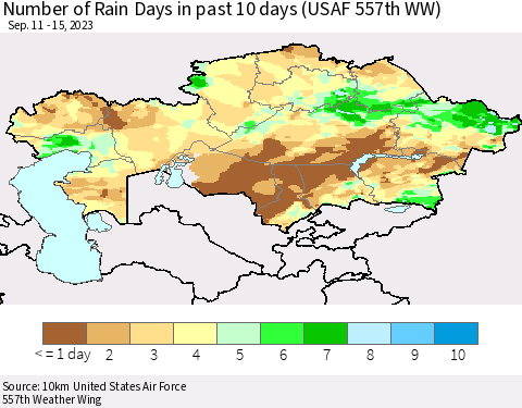 Kazakhstan Number of Rain Days in past 10 days (USAF 557th WW) Thematic Map For 9/11/2023 - 9/15/2023