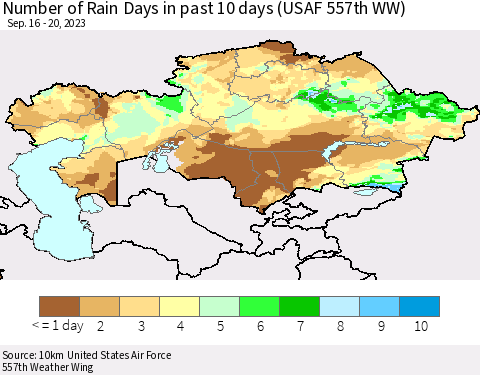 Kazakhstan Number of Rain Days in past 10 days (USAF 557th WW) Thematic Map For 9/16/2023 - 9/20/2023