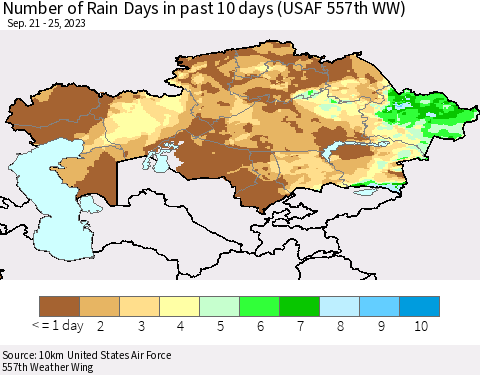 Kazakhstan Number of Rain Days in past 10 days (USAF 557th WW) Thematic Map For 9/21/2023 - 9/25/2023