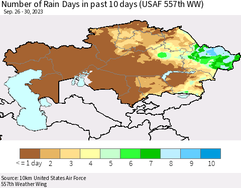 Kazakhstan Number of Rain Days in past 10 days (USAF 557th WW) Thematic Map For 9/26/2023 - 9/30/2023