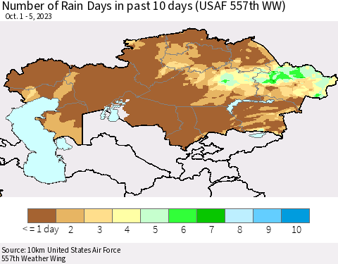 Kazakhstan Number of Rain Days in past 10 days (USAF 557th WW) Thematic Map For 10/1/2023 - 10/5/2023
