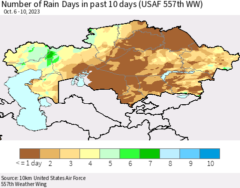 Kazakhstan Number of Rain Days in past 10 days (USAF 557th WW) Thematic Map For 10/6/2023 - 10/10/2023
