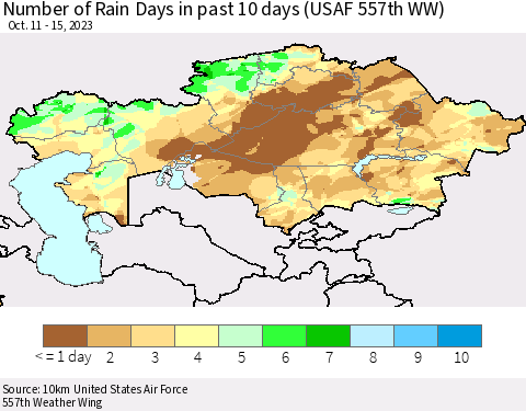 Kazakhstan Number of Rain Days in past 10 days (USAF 557th WW) Thematic Map For 10/11/2023 - 10/15/2023
