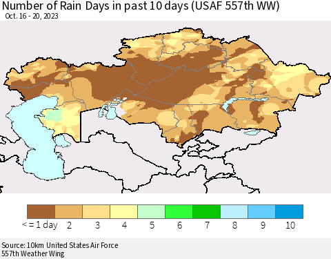 Kazakhstan Number of Rain Days in past 10 days (USAF 557th WW) Thematic Map For 10/16/2023 - 10/20/2023